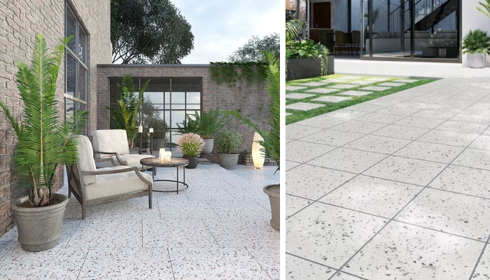 Gạch terrazzo lát sân chống trơn chịu lực với bề mặt đá mài sáng màu, không chỉ chống trượt hiệu quả mà còn tạo điểm nhấn hiện đại, sạch sẽ cho khu vực sân thượng và