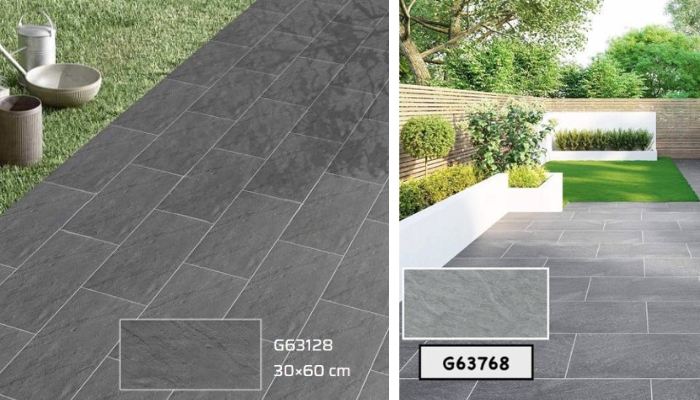 Bộ đôi gạch lát sân chống trơn chịu lực Taicera G63128 và G63768 với bề mặt vân đá nhám hiện đại, giúp không gian sân vườn luôn an toàn, sạch sẽ và sang trọng