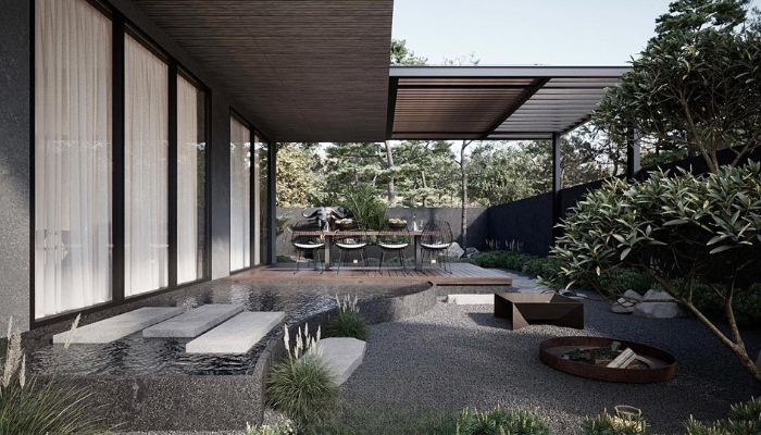 Phong cách Nhật Bản hiện đại sử dụng gạch giả đá phiến kết hợp cùng gạch vân gỗ