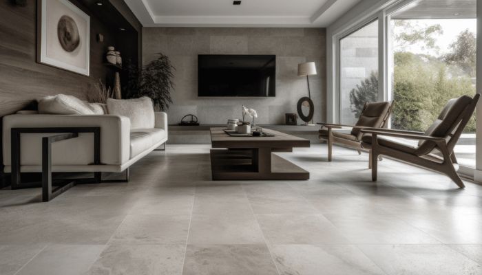 Phòng khách thiết kế mở, lát gạch marble tone xám tinh tế, kết hợp nội thất gỗ và ánh sáng tự nhiên, tạo cảm giác thanh lịch, thư thái