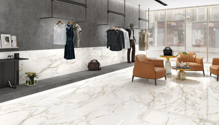 Không gian mua sắm cao cấp với gạch marble trắng vân vàng sang trọng