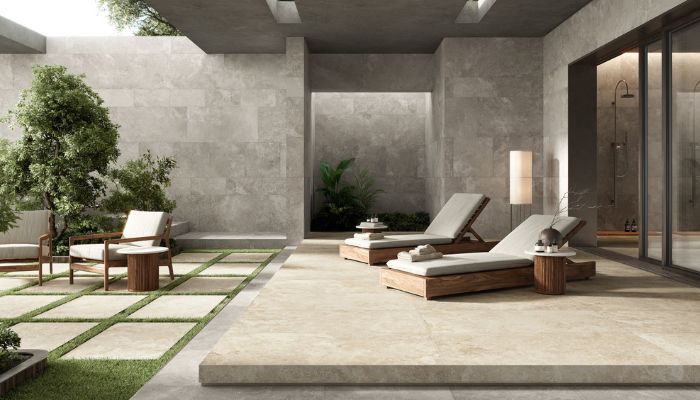 Phối cảnh gạch ốp tường khổ lớn khi đưa vào tường ngoài trời