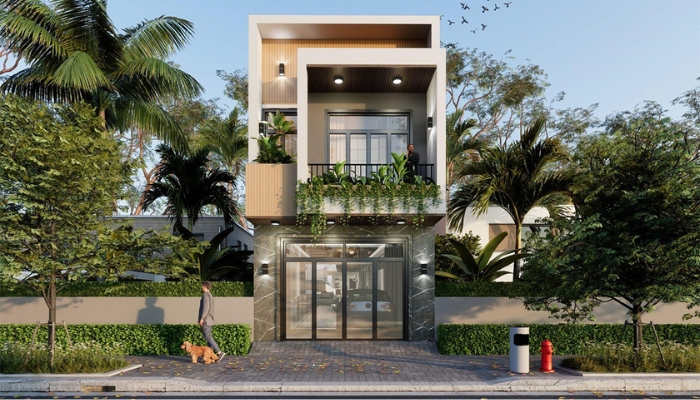 Phối màu gạch ốp tường mặt tiền phù hợp với phong cách thiết kế hiện đại tối giản có tone màu trung tính và ấm