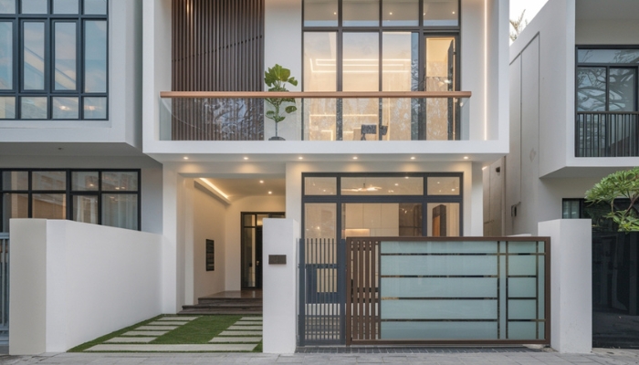 Sự đối lập tinh tế giữa trắng tinh khôi và đen huyền bí tạo nên mặt tiền hiện đại, sang trọng và đầy chiều sâu cho ngôi nhà phố 2 tầng. 