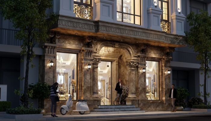 Mặt tiền nhà bán cổ điển sử dụng gạch vân đá