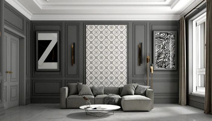 Gạch ốp tường làm điểm nhấn phòng khách theo phong cách hiện đại, tối giản