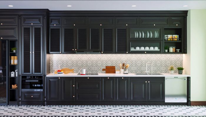 Gạch bông ứng dụng trong tường bếp.