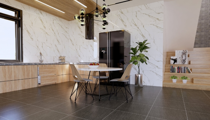 Không gian bếp hiện đại nổi bật với gạch ốp tường vân đá marble trắng sang trọng, mang lại cảm giác tinh tế và sạch sẽ cho toàn bộ khu vực