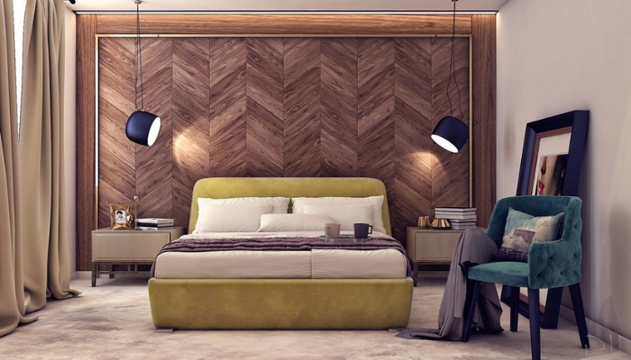 Phòng ngủ nổi bật với mảng tường đầu giường ốp gỗ xương cá, tạo điểm nhấn sang trọng và ấm áp, mang lại cảm giác thư giãn lý tưởng cho không gian nghỉ ngơi