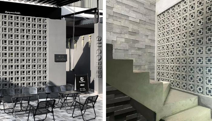 Ngoài ra cũng có thể sử dụng trang trí mặt tiền hoặc vách tường hành lang cầu thang của quán cà phê