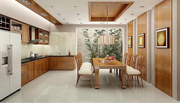Phối cảnh phòng bếp và bàn ăn hiện đại, ấm cúng với nội thất gỗ chủ đạo, tạo không gian gần gũi, sang trọng và đầy cảm hứng cho sinh hoạt gia đình