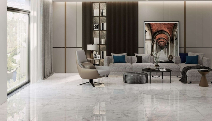 Phối cảnh phòng khách sang trọng với gạch lát nền vân đá marble sáng bóng, tạo cảm giác rộng rãi và đẳng cấp cho không gian sống hiện đại