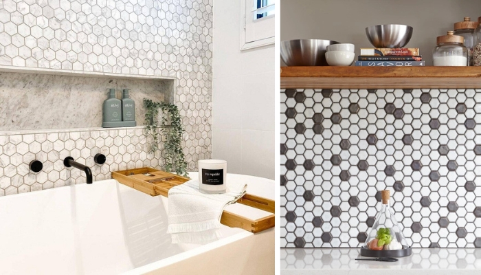 Gạch Mosaic lục giác ứng dụng vào không gian phòng tắm và bếp