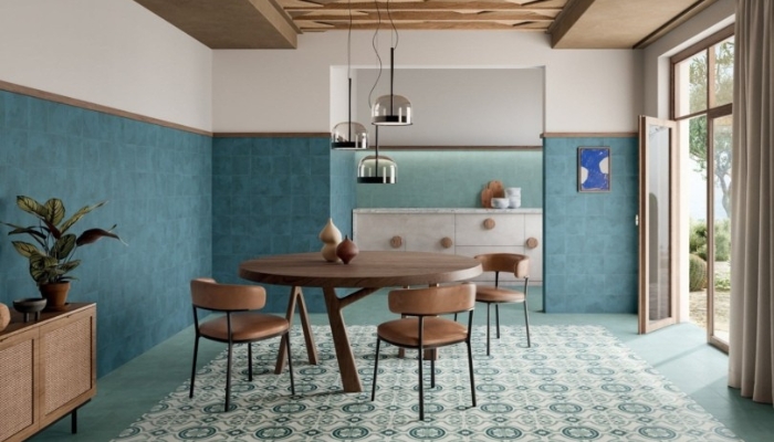 Gạch đơn sắc màu xanh ốp chân tường