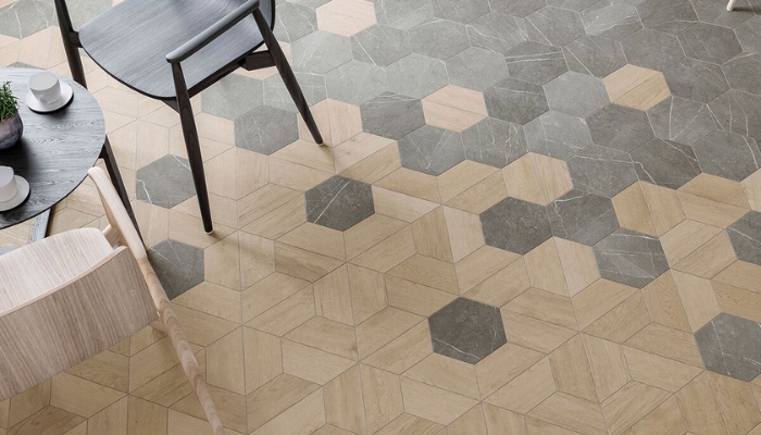 Gạch trang trí lục giác giả gỗ sử dụng lát nền trong các không gian quán cà phê