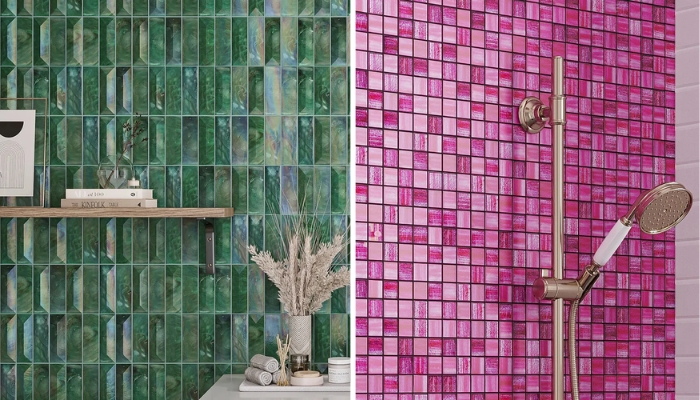 Gạch mosaic thủy tinh có khả năng phản chiếu ánh sáng, tạo hiệu ứng lung linh và hiện đại