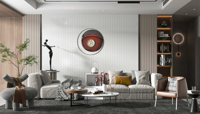 Gạch mosaic ánh kim đầy cuốn hút, nổi bật tổng thể không gian phòng khách