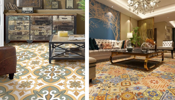 Không gian nội thất độc đáo với gạch bông họa tiết cổ điển, kết hợp hài hòa giữa phong cách vintage và hiện đại.
