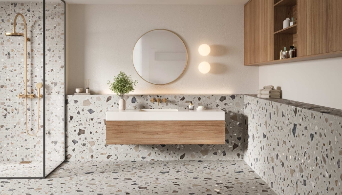 Gạch terrazzo khổ lớn ốp phòng tắm tạo cảm giác rộng rãi cho không gian